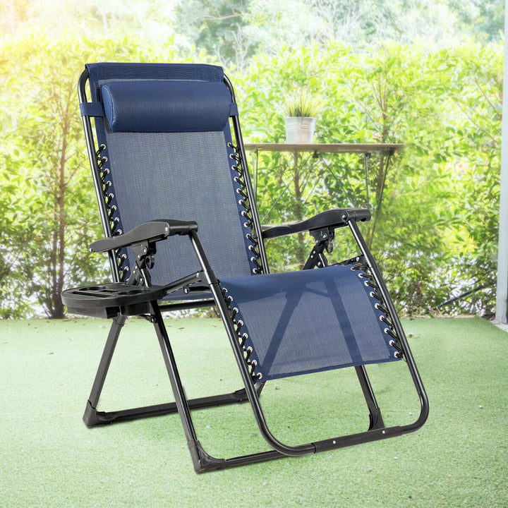 2PCS Folding Zero Gravity Lounge Chair Recliner w/ Cup Holder Pillow Image 5