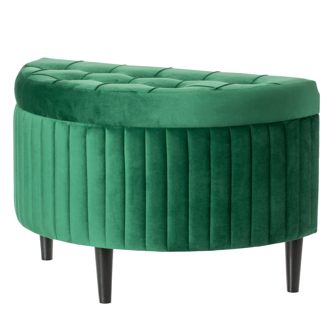 Half Moon Storage Ottoman Bench Green Velvet Tufted 33.25in Modern Design Image 1