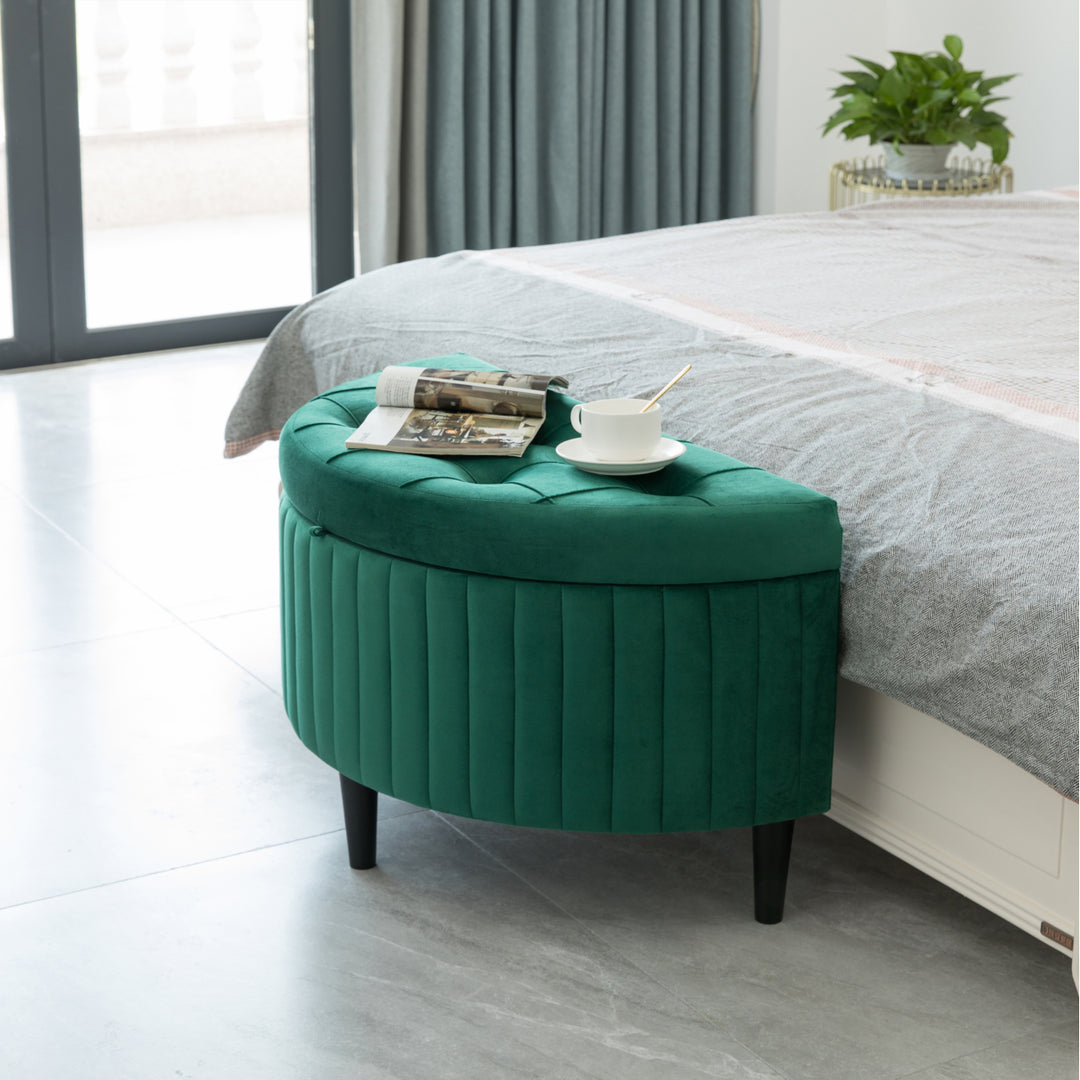 Half Moon Storage Ottoman Bench Green Velvet Tufted 33.25in Modern Design Image 3