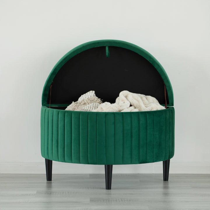 Half Moon Storage Ottoman Bench Green Velvet Tufted 33.25in Modern Design Image 5