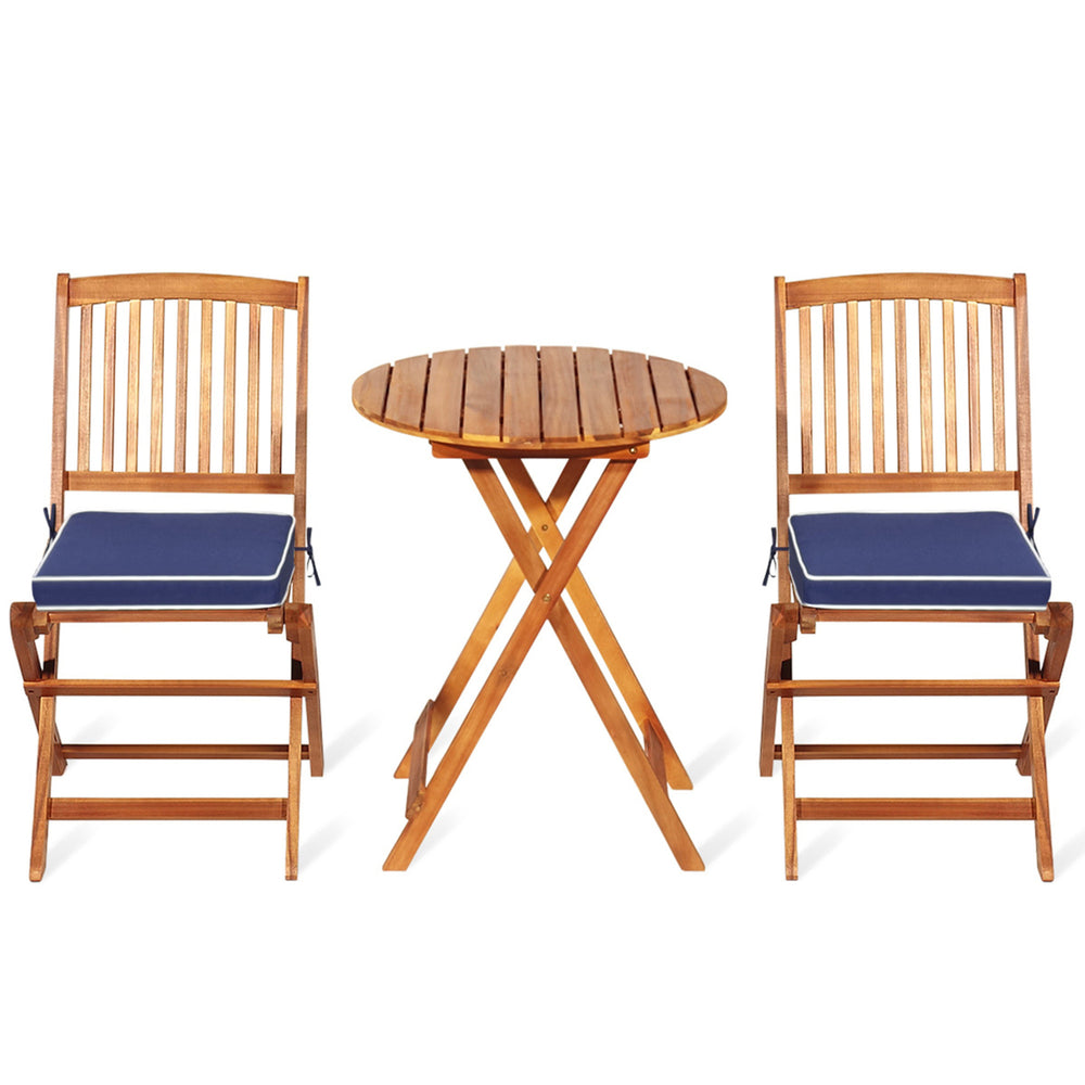 3PCS Folding Patio Conversation Set Acacia Wood Bistro Set w/ Cushions Image 2