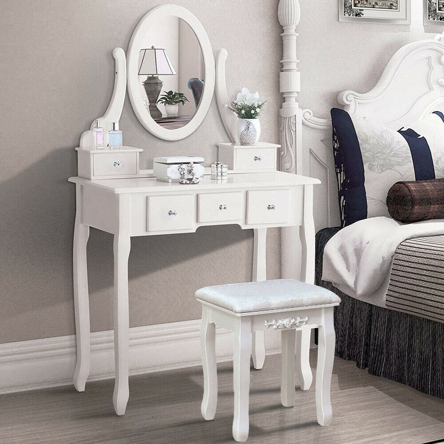 White 5 Drawer Wood Vanity Makeup Dressing Table Set w/Stool, Jewelry Drawer, Mirror Desk Image 1