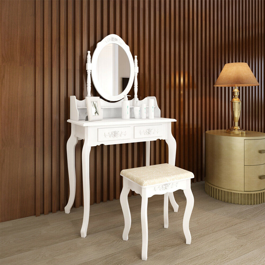 White 4 Drawer Wood Vanity Makeup Dressing Table Set w/Stool, Jewelry Drawer, Mirror Desk Image 1