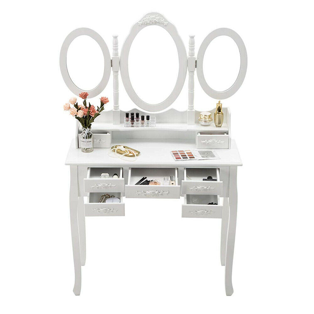 White 7 Drawer 3 Mirrors Wood Vanity Makeup Dressing Table Set w/Stool, Jewelry Drawer, Mirror Desk Image 1