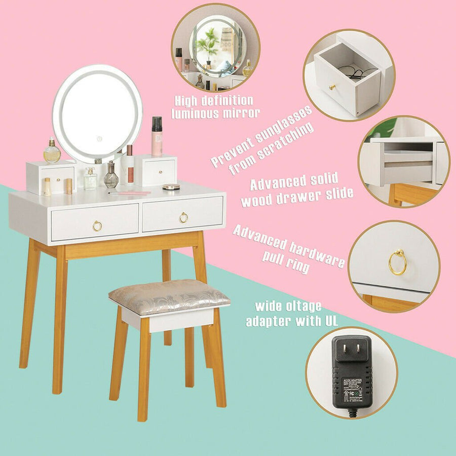 White Makeup Dressing Table Vanity Set With Mirror Touch Screen Stool 3 lights Bedroom Image 1