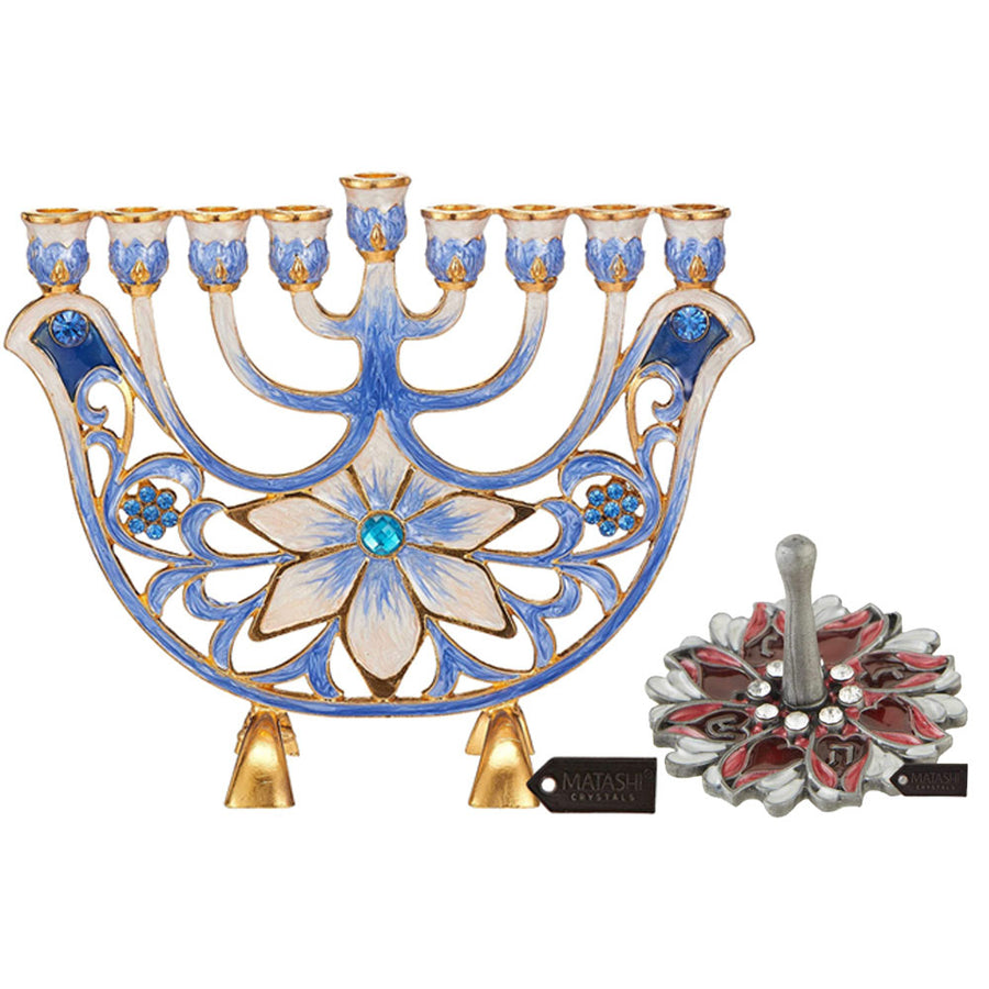 Matashi Hand Painted Blue and Ivory Flower Menorah Candelabra and Floral Spinning Dreidel Holiday Ornaments w/ Crystals Image 1