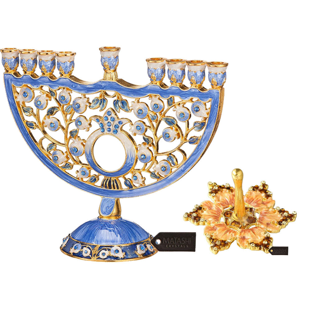 Matashi Hand Painted Blue Enamel Pomegranate Design Menorah Candelabra and Spinning Dreidel Holiday Ornaments w/ Image 1