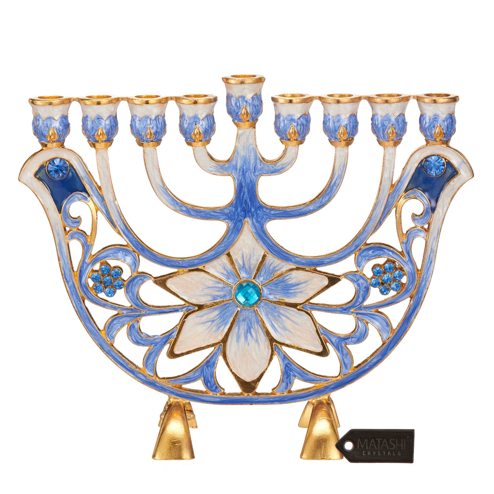 Matashi Hand Painted Blue and Ivory Flower Menorah Candelabra and Floral Spinning Dreidel Holiday Ornaments w/ Crystals Image 2