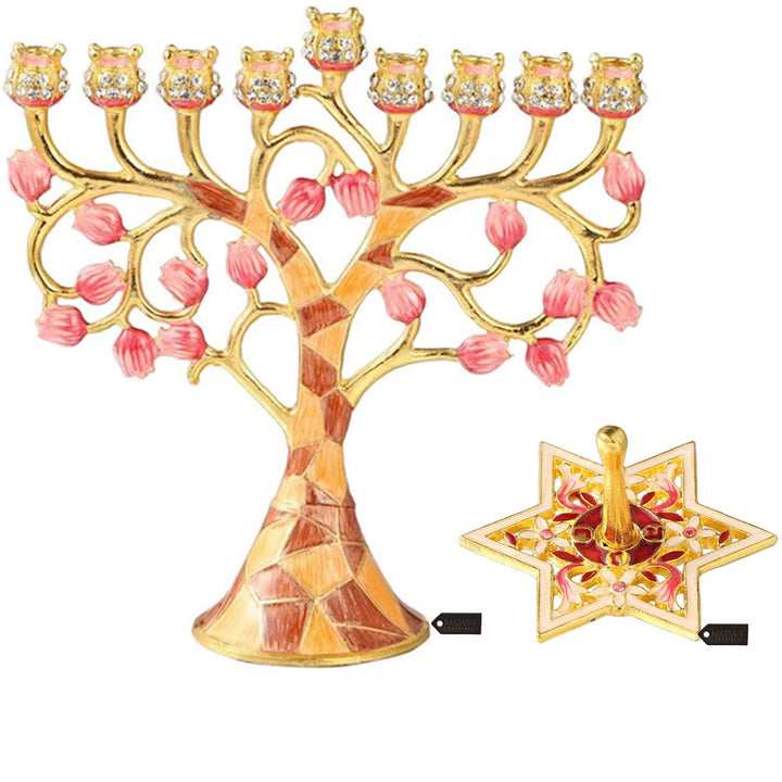 Matashi Hand-Painted Spinning Dreidel Holiday Ornaments and Enamel Menorah Candelabra w/ Pomegranate Design w/ Crystals Image 1