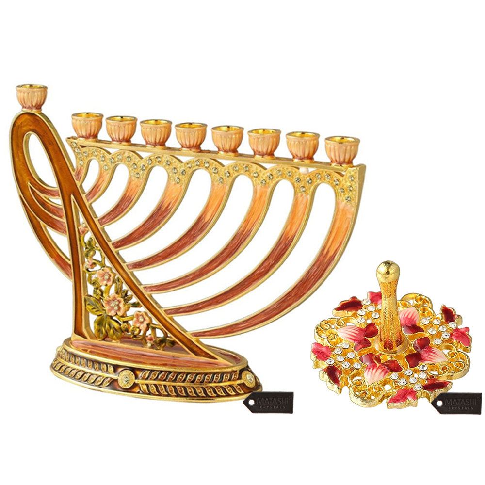 Matashi Hand Painted Enamel Menorah Candelabra w/ Deep Earthy Colors and Spinning Dreidel Holiday Ornaments w/ Crystals Image 1