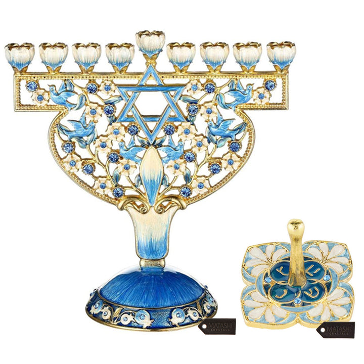 Matashi Hand Painted Enamel Menorah Candelabra w Doves and Flowers Design and Floral Spinning Dreidel Holiday Ornaments Image 1