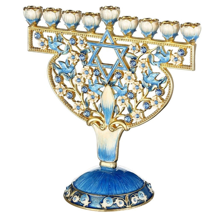 Matashi Hand Painted Enamel Menorah Candelabra w Doves and Flowers Design and Floral Spinning Dreidel Holiday Ornaments Image 5