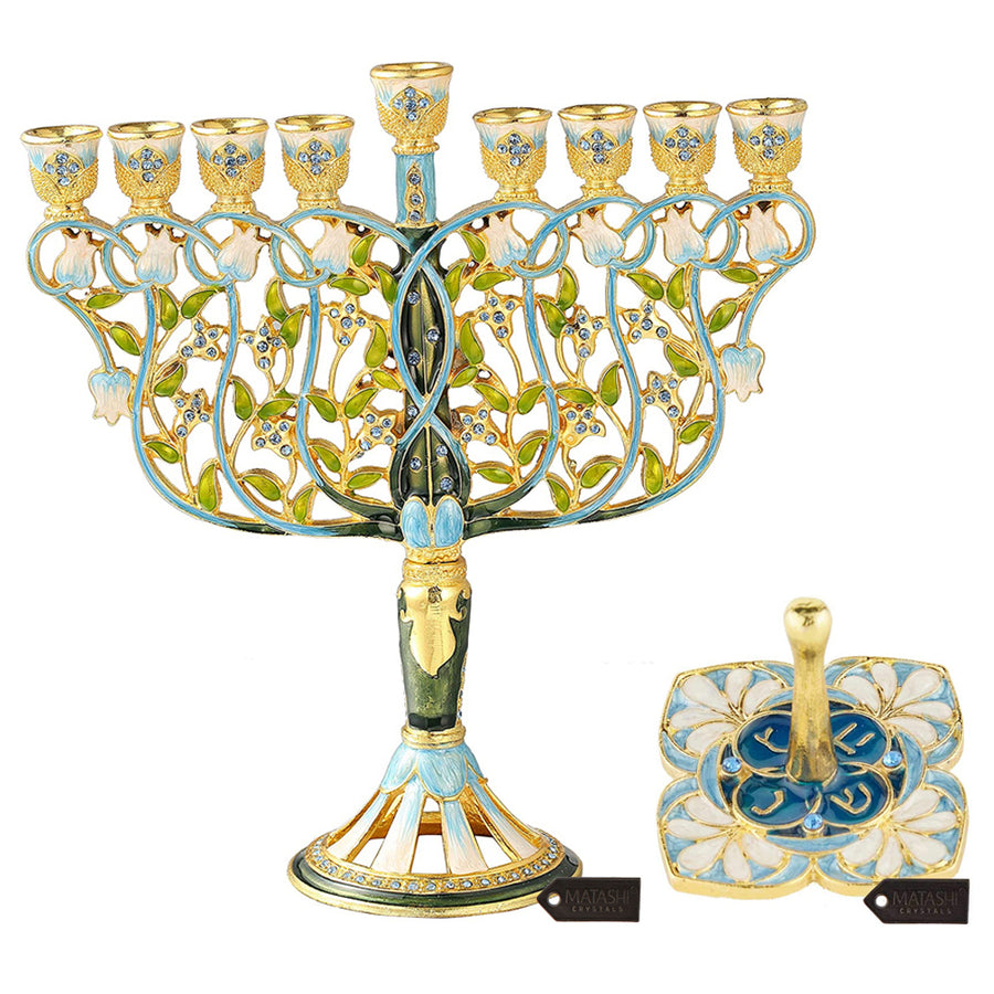 Matashi Hand Painted Enamel Menorah Candelabra w/ Flowers Design and Blue Floral Spinning Dreidel Holiday Ornaments w/ Image 1