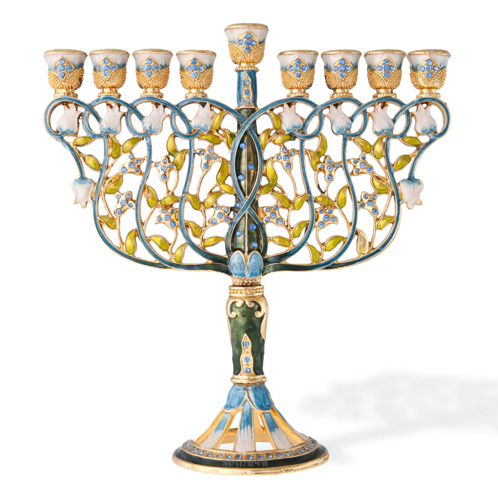 Matashi Hand Painted Enamel Menorah Candelabra w/ Flowers Design and Blue Floral Spinning Dreidel Holiday Ornaments w/ Image 2