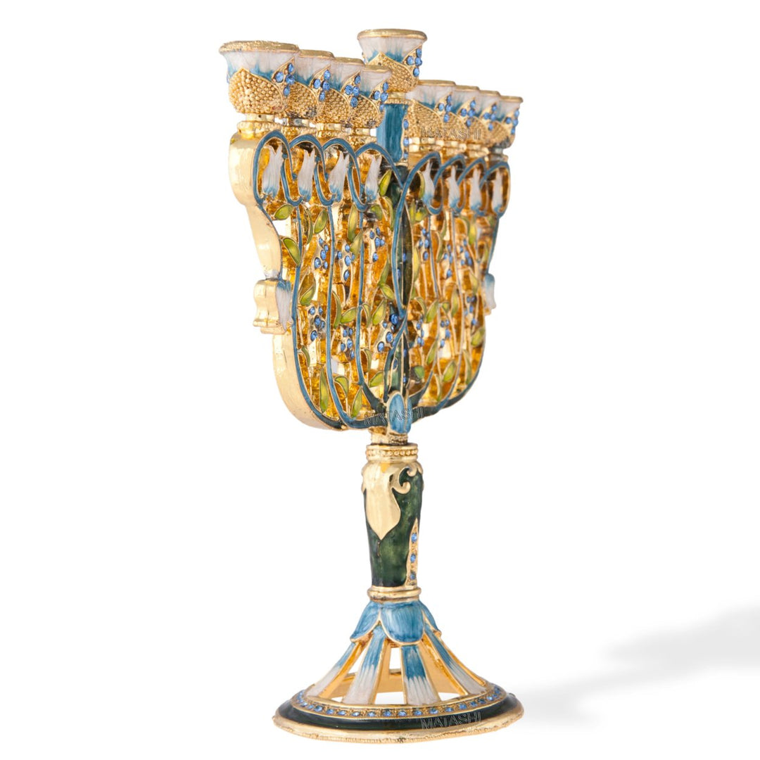 Matashi Hand Painted Enamel Menorah Candelabra w/ Flowers Design and Blue Floral Spinning Dreidel Holiday Ornaments w/ Image 6