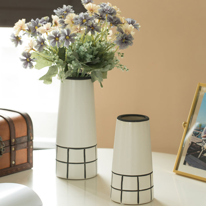 Ceramic Modern Painted Grid Tapered Flower Table Vase, Black and White Image 2