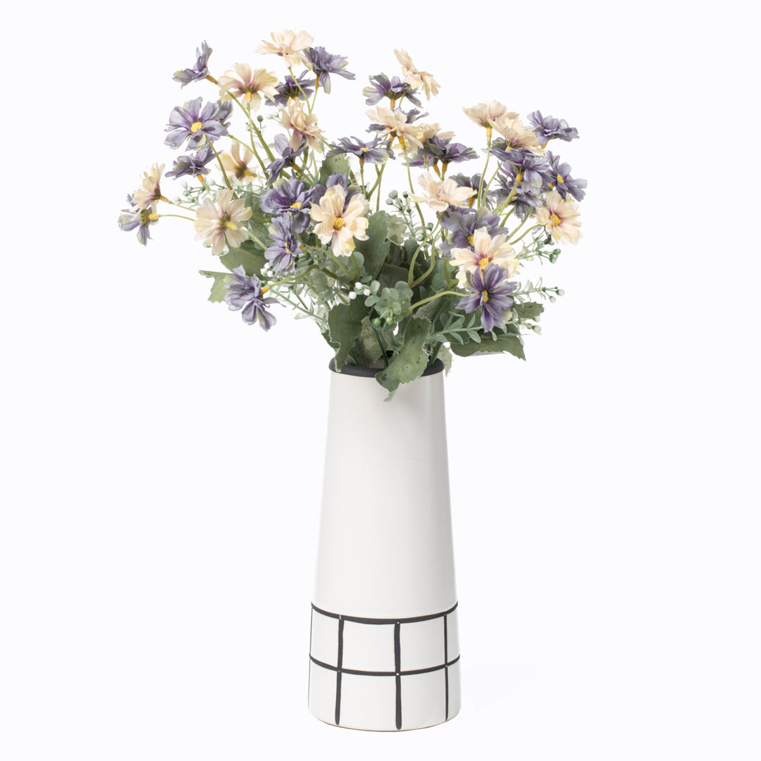 Ceramic Modern Painted Grid Tapered Flower Table Vase, Black and White Image 3