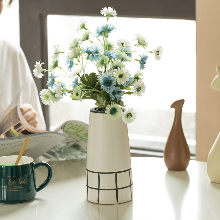 Ceramic Modern Painted Grid Tapered Flower Table Vase, Black and White Image 6