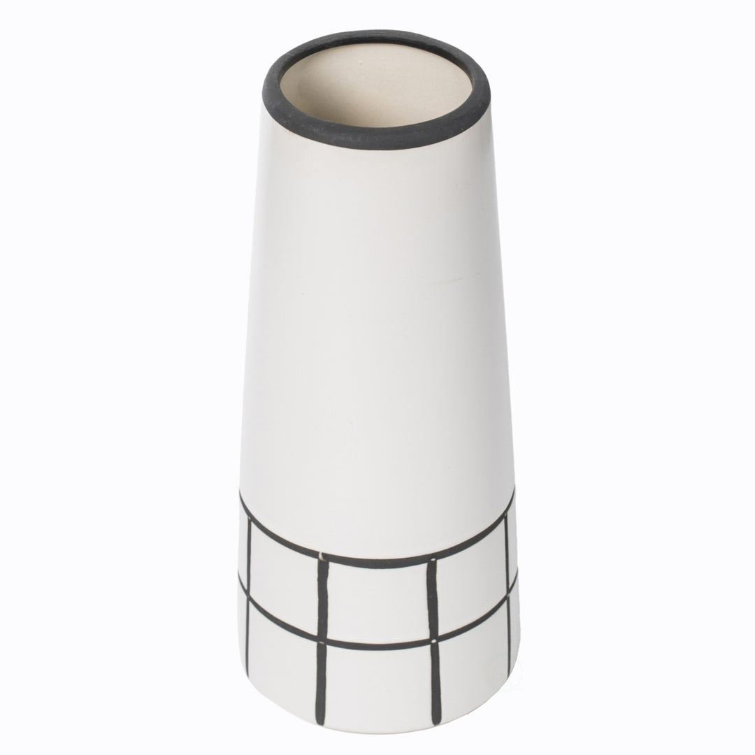 Ceramic Modern Painted Grid Tapered Flower Table Vase, Black and White Image 7