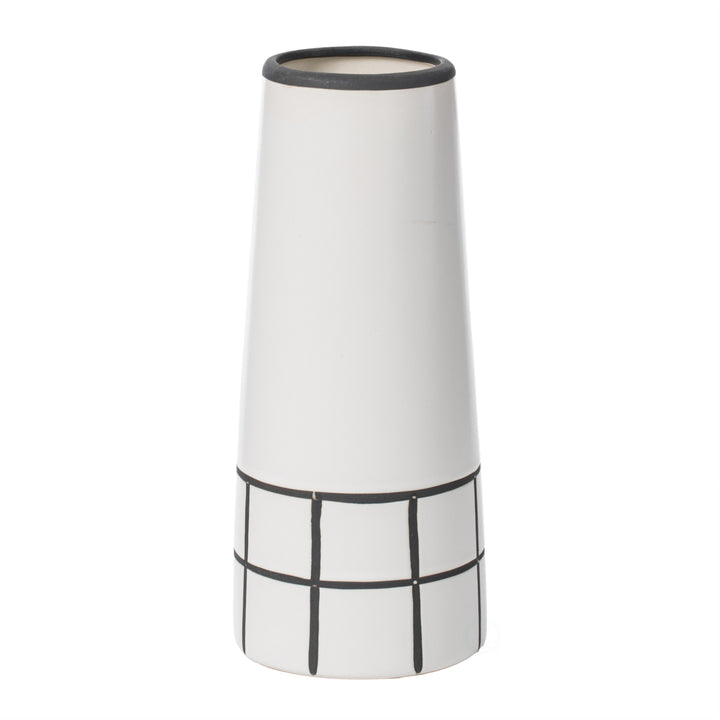 Ceramic Modern Painted Grid Tapered Flower Table Vase, Black and White Image 10