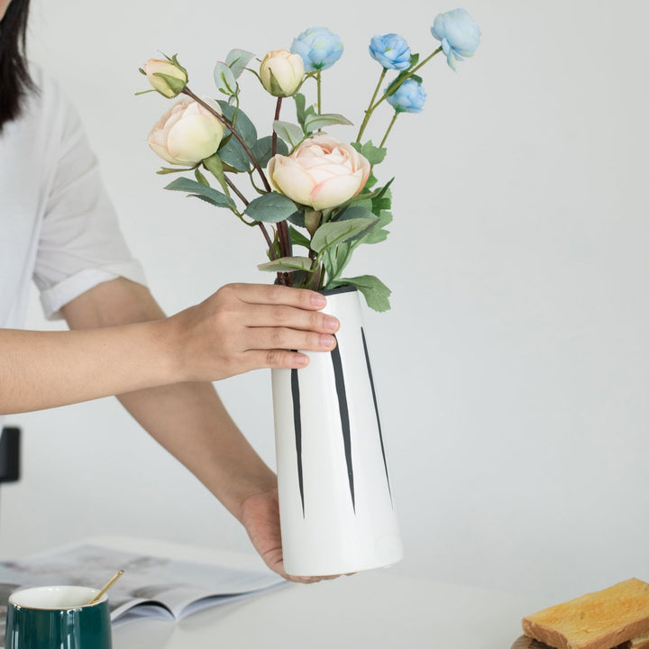 Ceramic Modern Painted Brushstrokes Tapered Flower Table Vase, Black and White Image 6