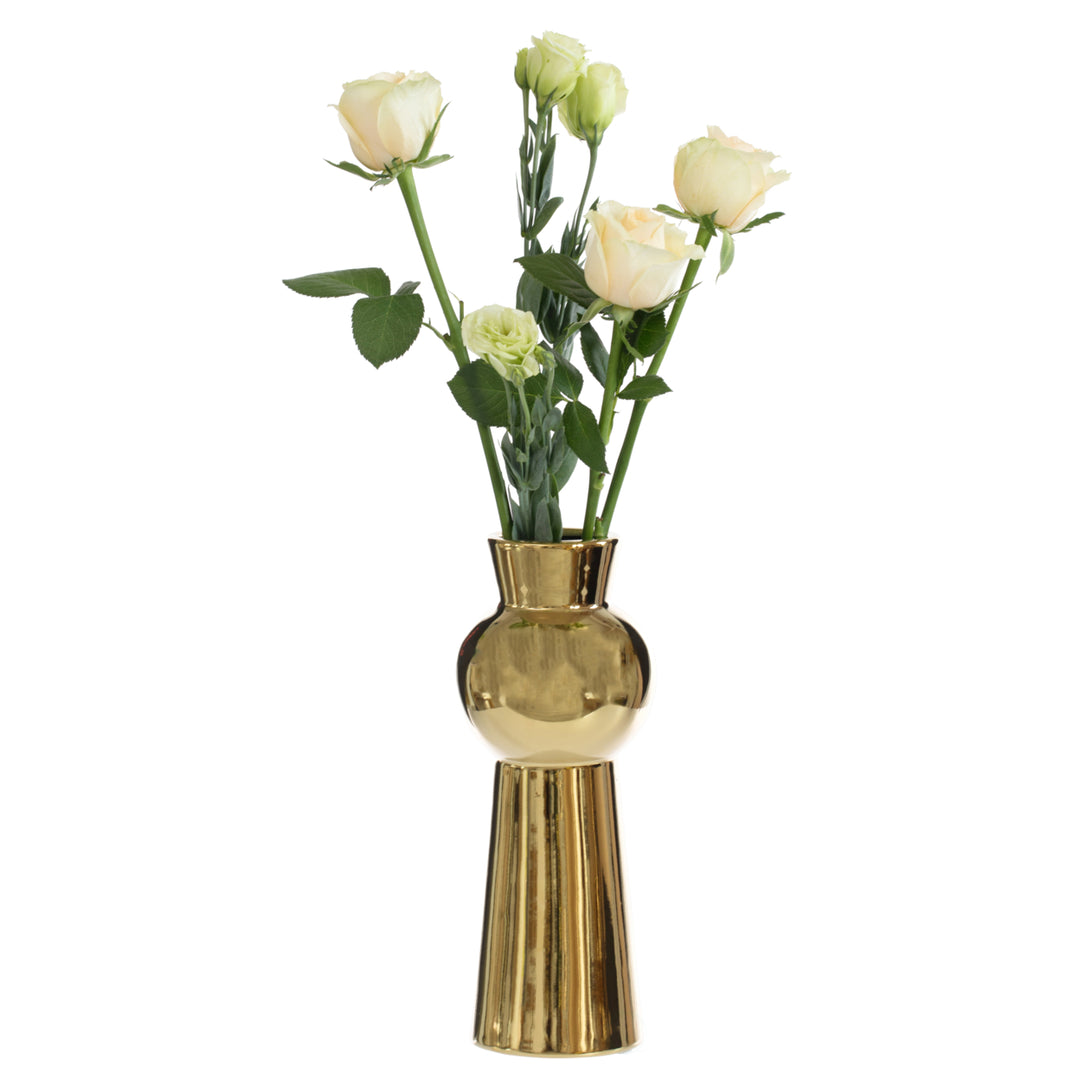 10.5" H Decorative Ceramic Ball Neck Flower Table Vase, Shiny Metallic Gold Image 3