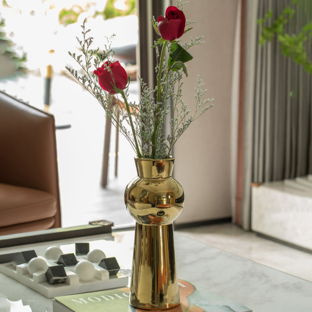 10.5" H Decorative Ceramic Ball Neck Flower Table Vase, Shiny Metallic Gold Image 4