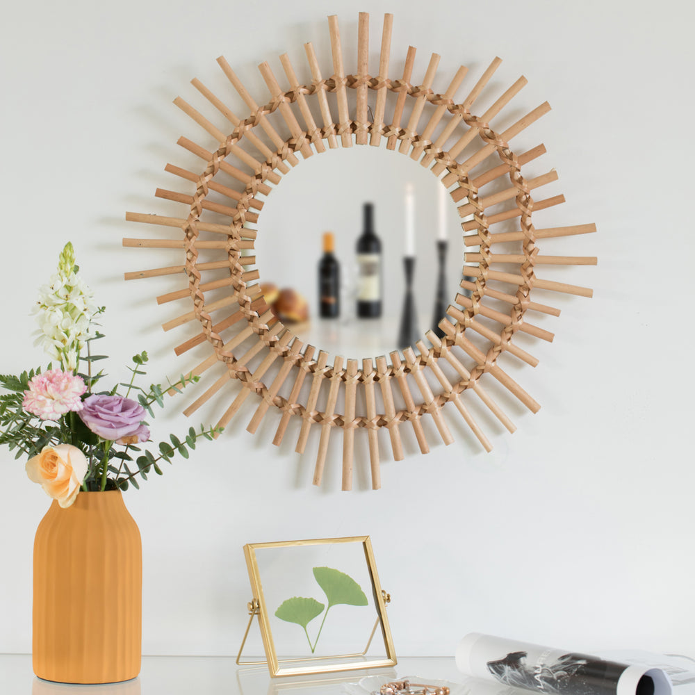 Sunburst Decorative Natural Rattan Wood Round Modern Boho Hanging Wall Mirror Image 2