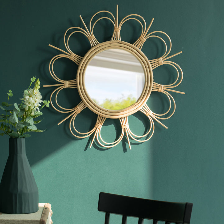 Flower Decorative Shape Natural Rattan Wood Round Modern Boho Hanging Wall Mirror Image 3