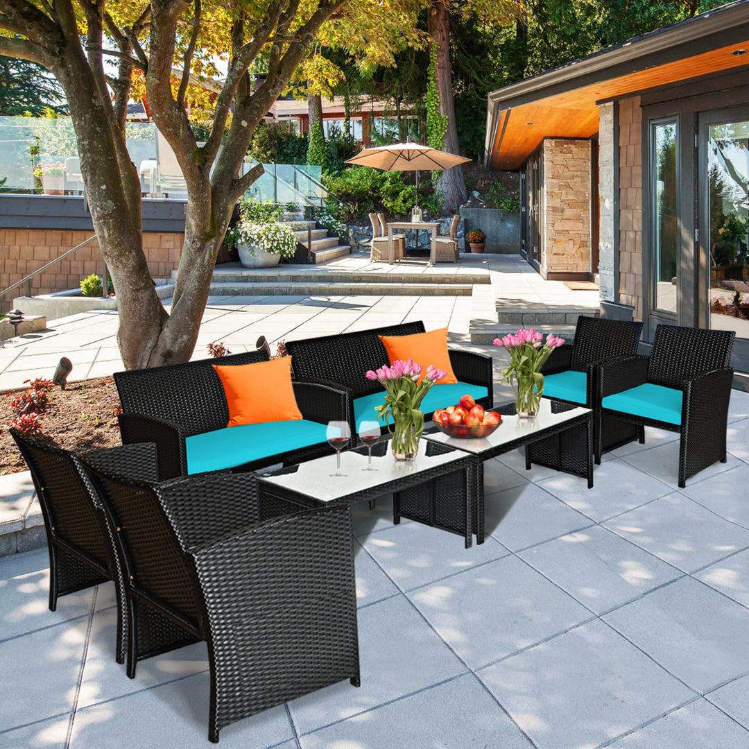 8PCS Rattan Outdoor Conversation Set Patio Furniture Set w/ Turquoise Cushions Image 1