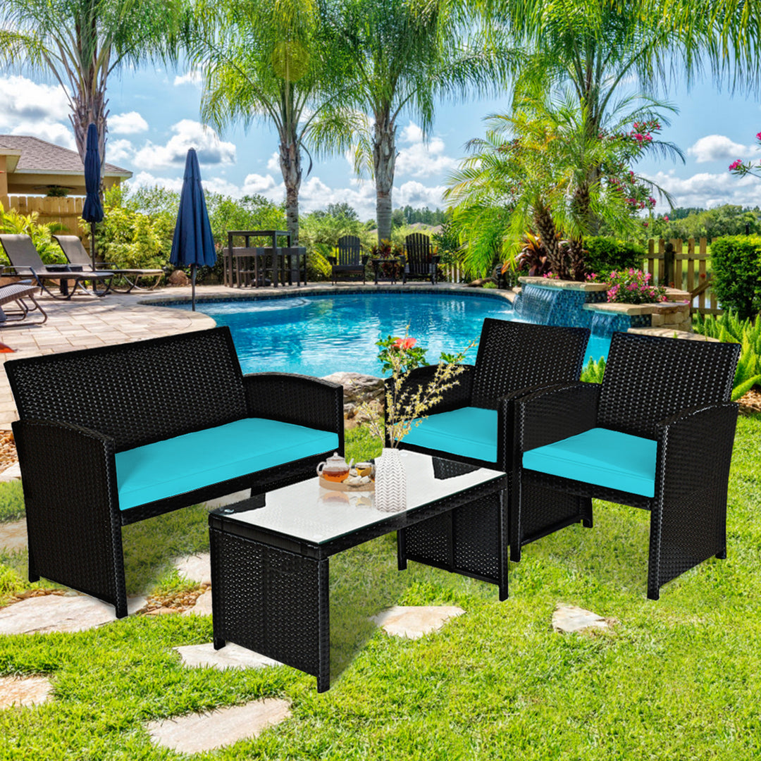 8PCS Rattan Outdoor Conversation Set Patio Furniture Set w/ Turquoise Cushions Image 10