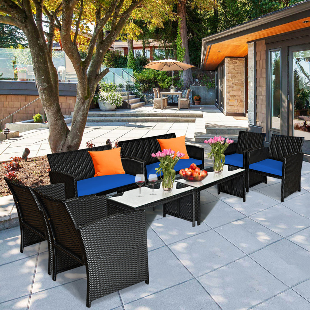 8PCS Rattan Outdoor Conversation Set Patio Furniture Set w/ Navy Cushions Image 1