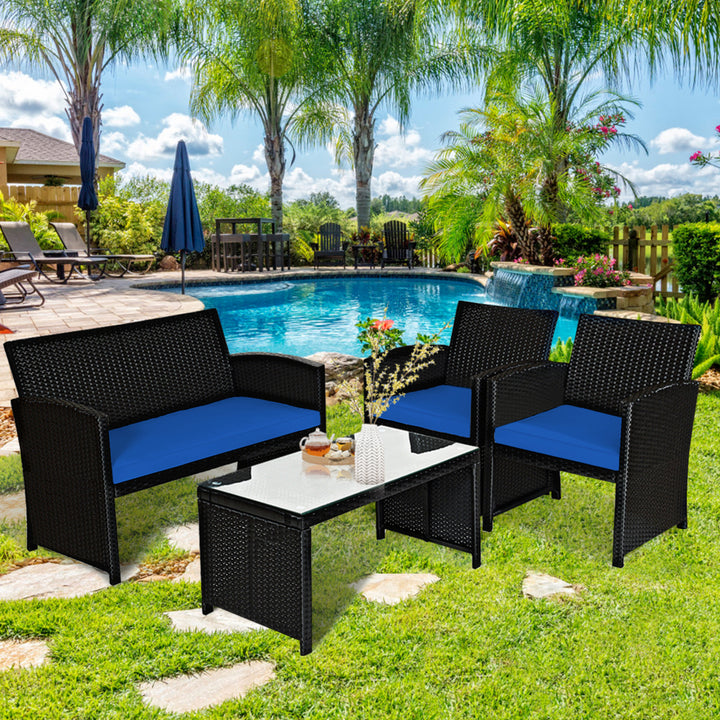 8PCS Rattan Outdoor Conversation Set Patio Furniture Set w/ Navy Cushions Image 10