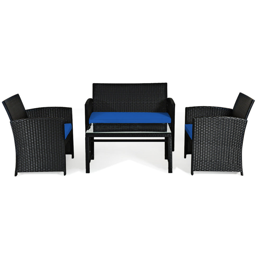 4PCS Rattan Outdoor Conversation Set Patio Furniture Set w/ Navy Cushions Image 9