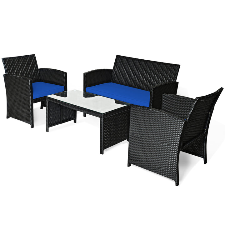 4PCS Rattan Outdoor Conversation Set Patio Furniture Set w/ Navy Cushions Image 2