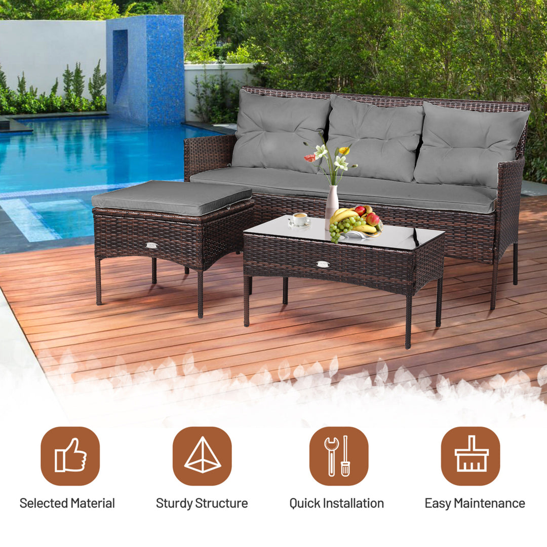 3PCS Patio Rattan Sectional Conversation Furniture Set w/ Grey Cushions Image 5