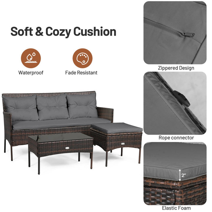 3PCS Patio Rattan Sectional Conversation Furniture Set w/ Grey Cushions Image 9