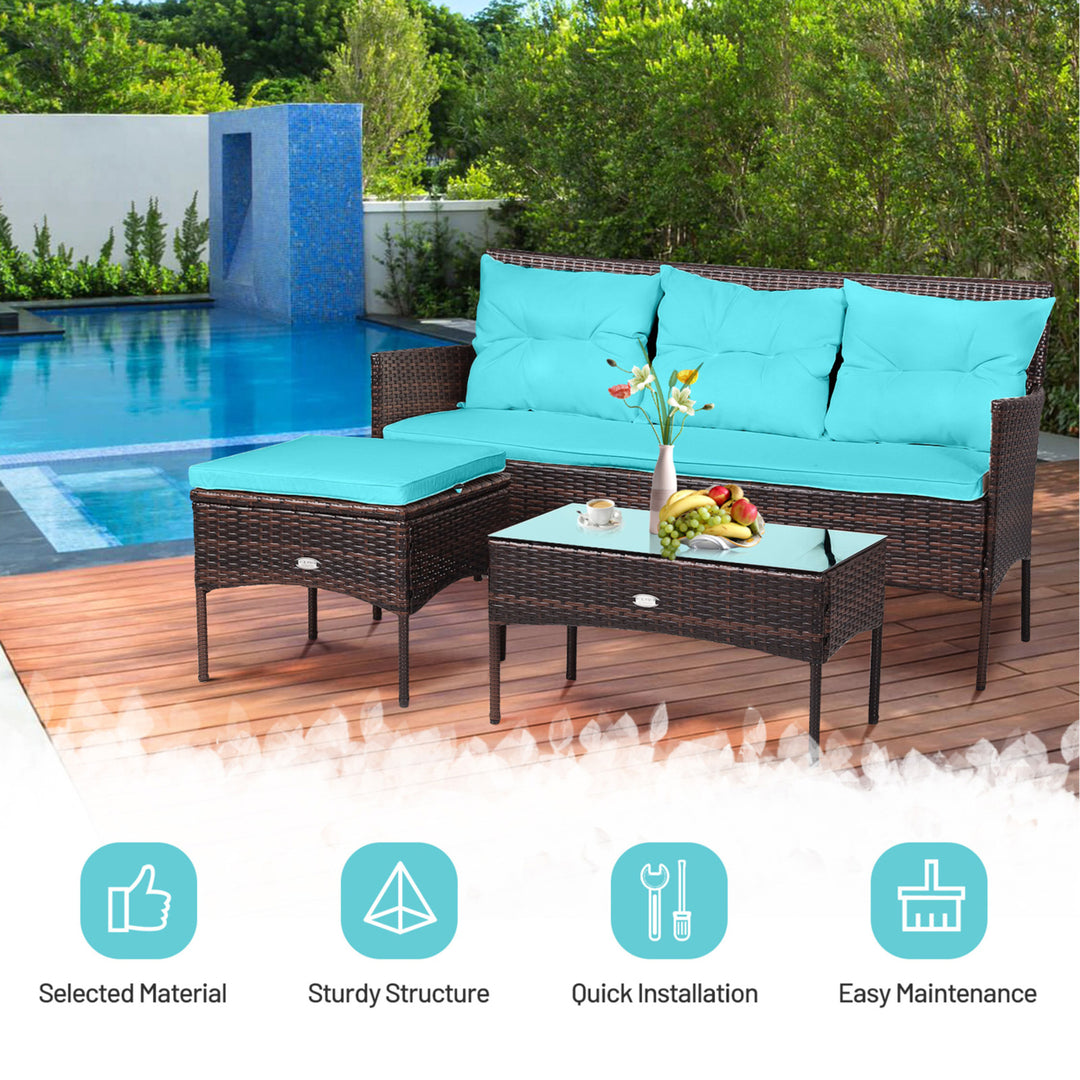 3PCS Patio Rattan Sectional Conversation Furniture Set w/ Turqouise Cushions Image 5