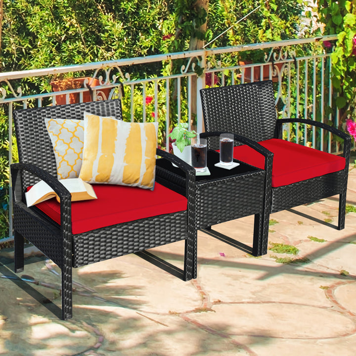 3PCS Patio Rattan Conversation Furniture Set Outdoor Yard w/ Red Cushions Image 1