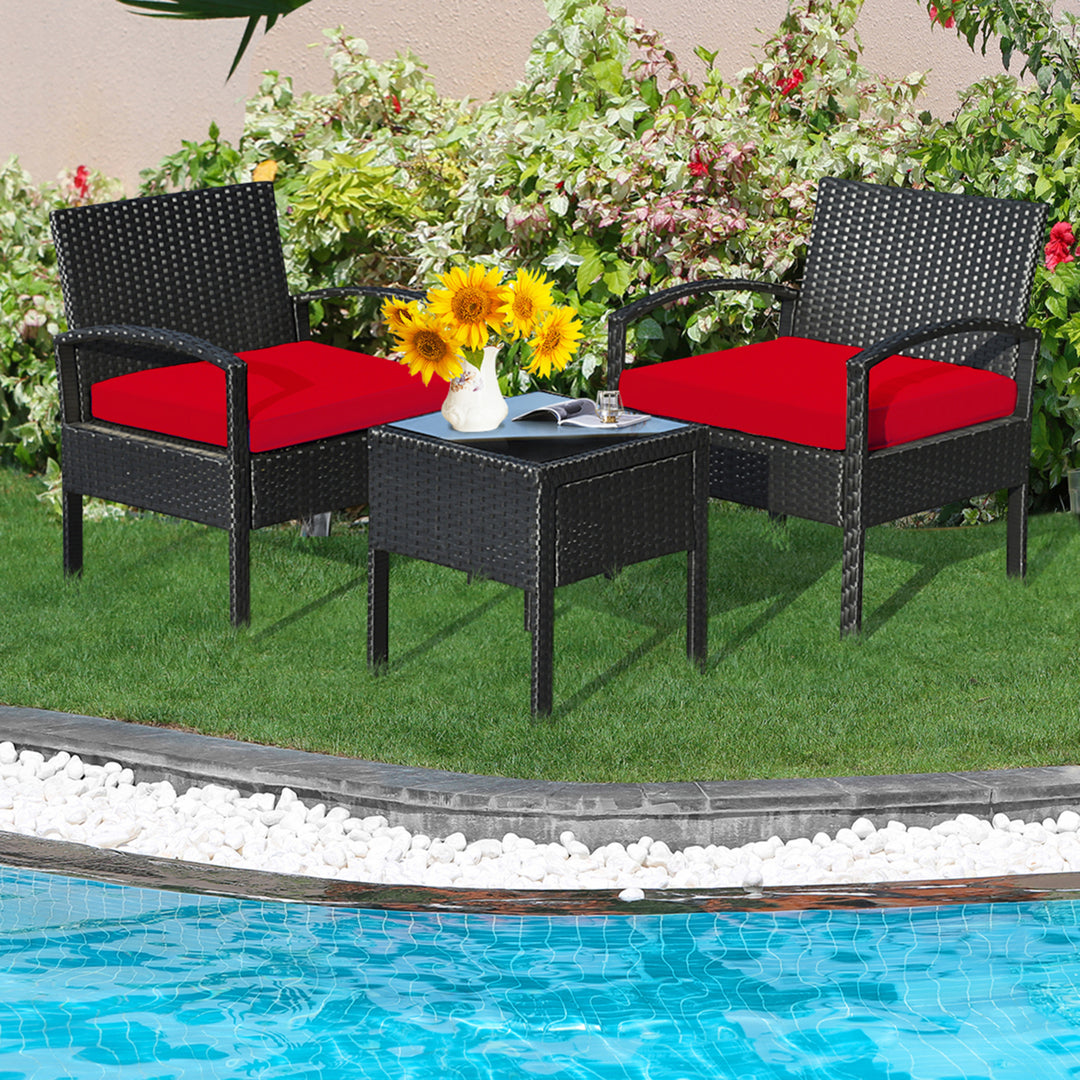 3PCS Patio Rattan Conversation Furniture Set Outdoor Yard w/ Red Cushions Image 3