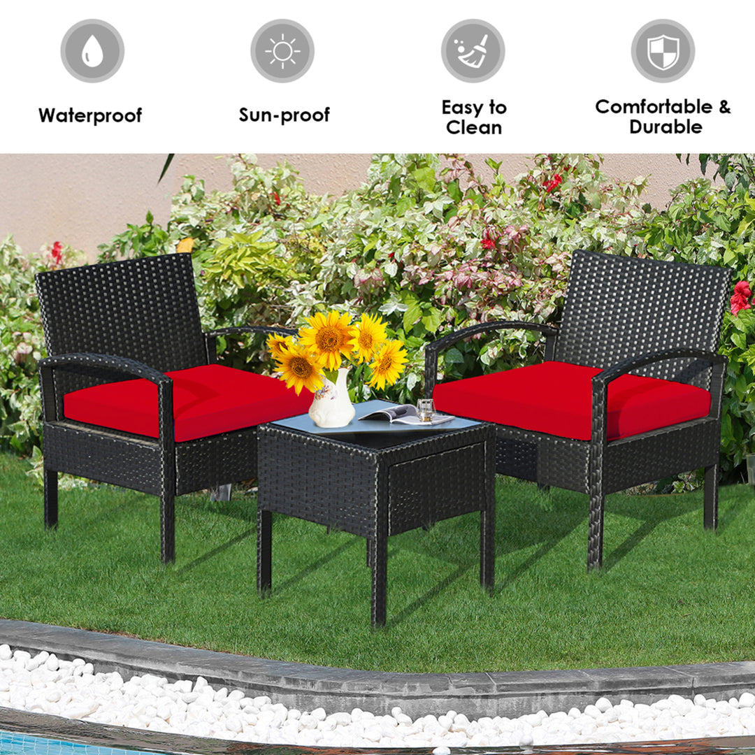 3PCS Patio Rattan Conversation Furniture Set Outdoor Yard w/ Red Cushions Image 4