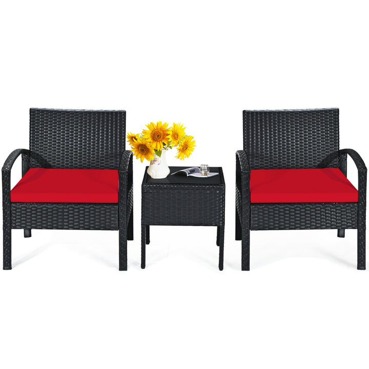 3PCS Patio Rattan Conversation Furniture Set Outdoor Yard w/ Red Cushions Image 2