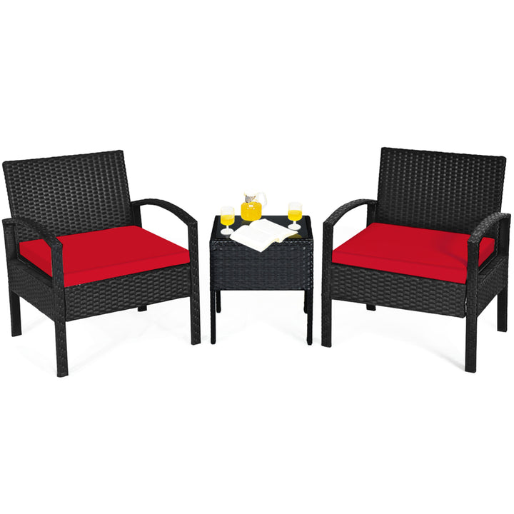 3PCS Patio Rattan Conversation Furniture Set Outdoor Yard w/ Red Cushions Image 8