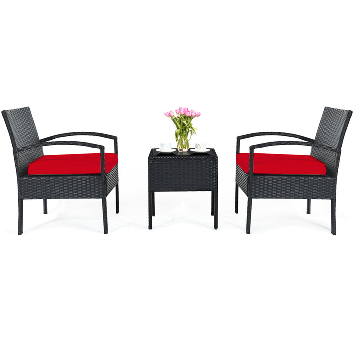 3PCS Patio Rattan Conversation Furniture Set Outdoor Yard w/ Red Cushions Image 9