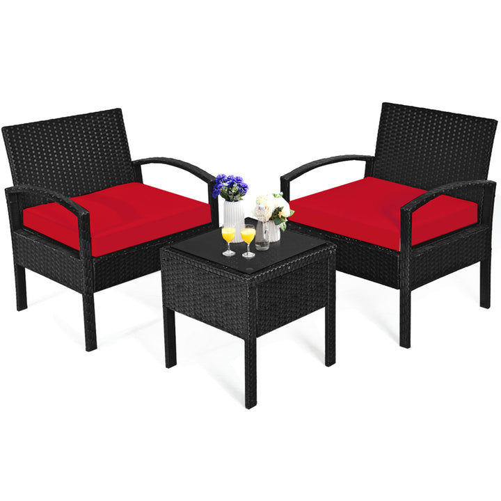 3PCS Patio Rattan Conversation Furniture Set Outdoor Yard w/ Red Cushions Image 10