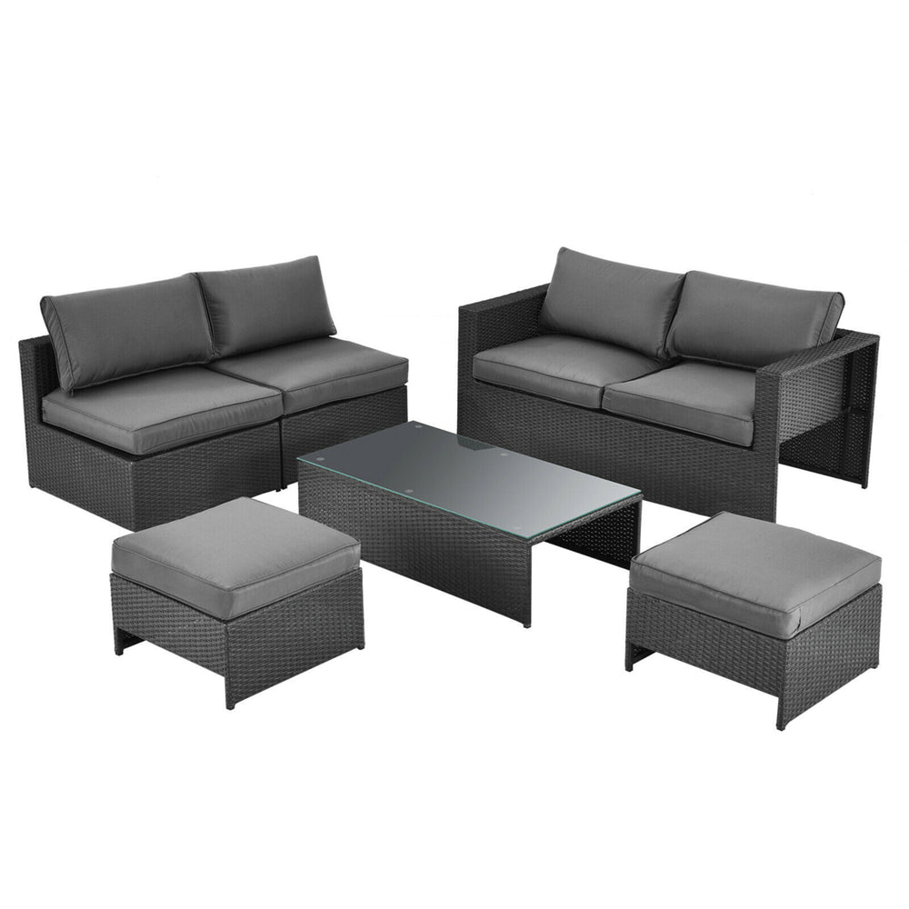 6PCS Rattan Patio Conversation Furniture Set Cushioned Sectional Sofa Set Image 2