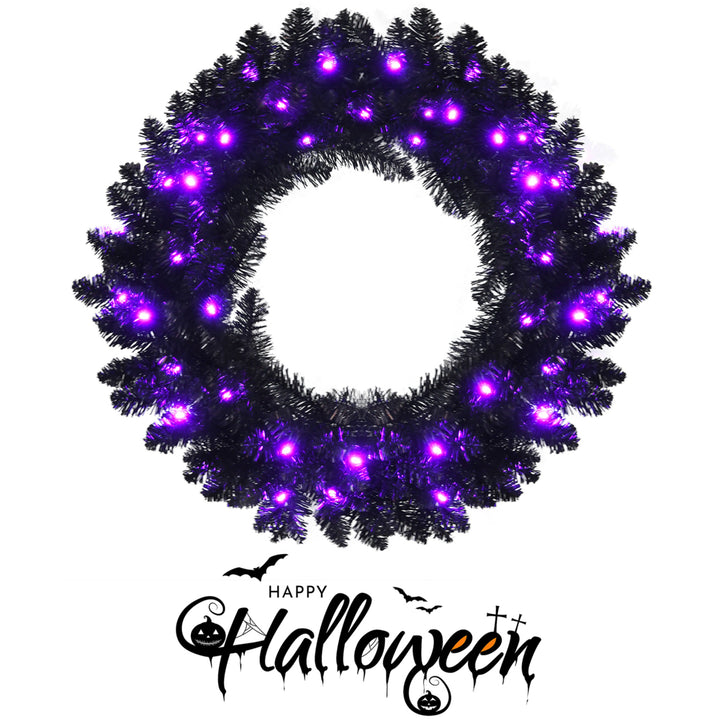 24 Pre-lit Black Halloween Wreath Christmas Wreath w/ Purple LED lights Image 1