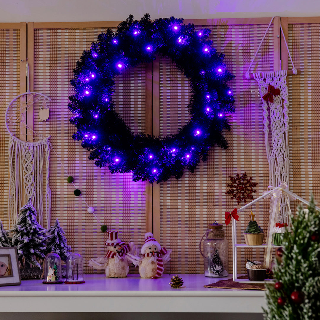 24 Pre-lit Black Halloween Wreath Christmas Wreath w/ Purple LED lights Image 3