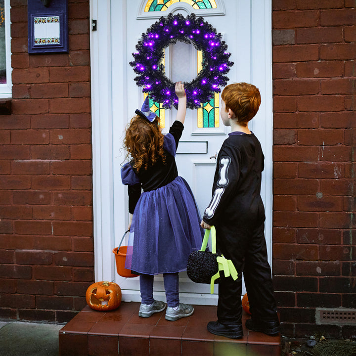 24 Pre-lit Black Halloween Wreath Christmas Wreath w/ Purple LED lights Image 6