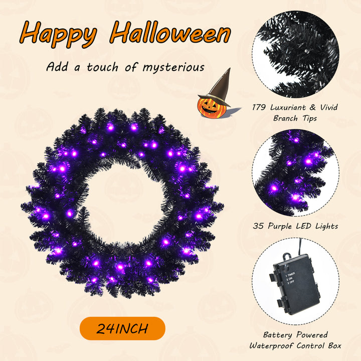 24 Pre-lit Black Halloween Wreath Christmas Wreath w/ Purple LED lights Image 10